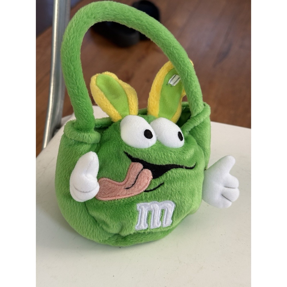 VTG 2004 Green M&M w/ Bunny Ears- Plush Mini Easter Basket  -  7" Sitting Height